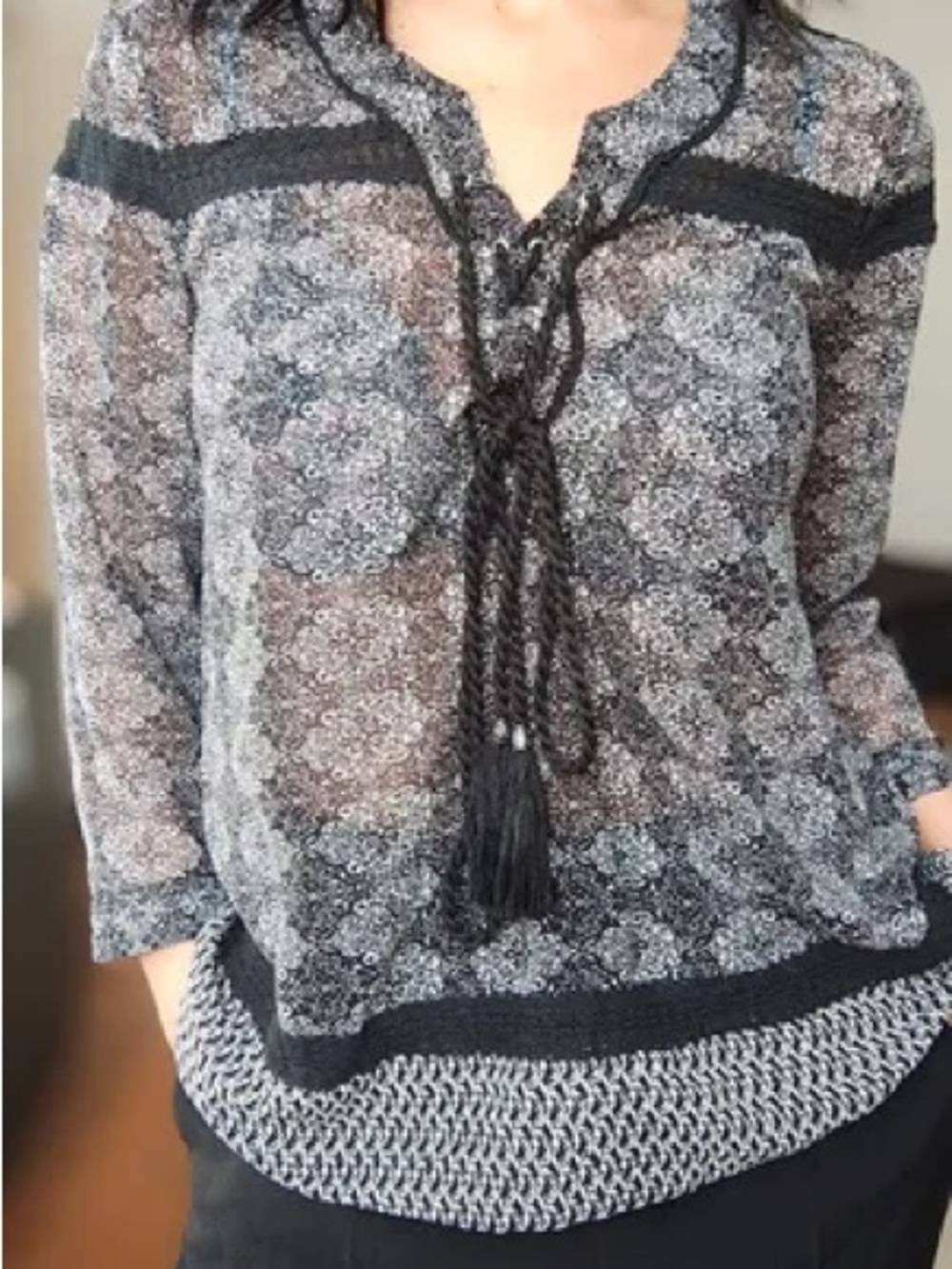 The Kooples Size Large Black & Gray Lace-Up Patterned Sheer Blouse Boho Flowy - Picture 13 of 14